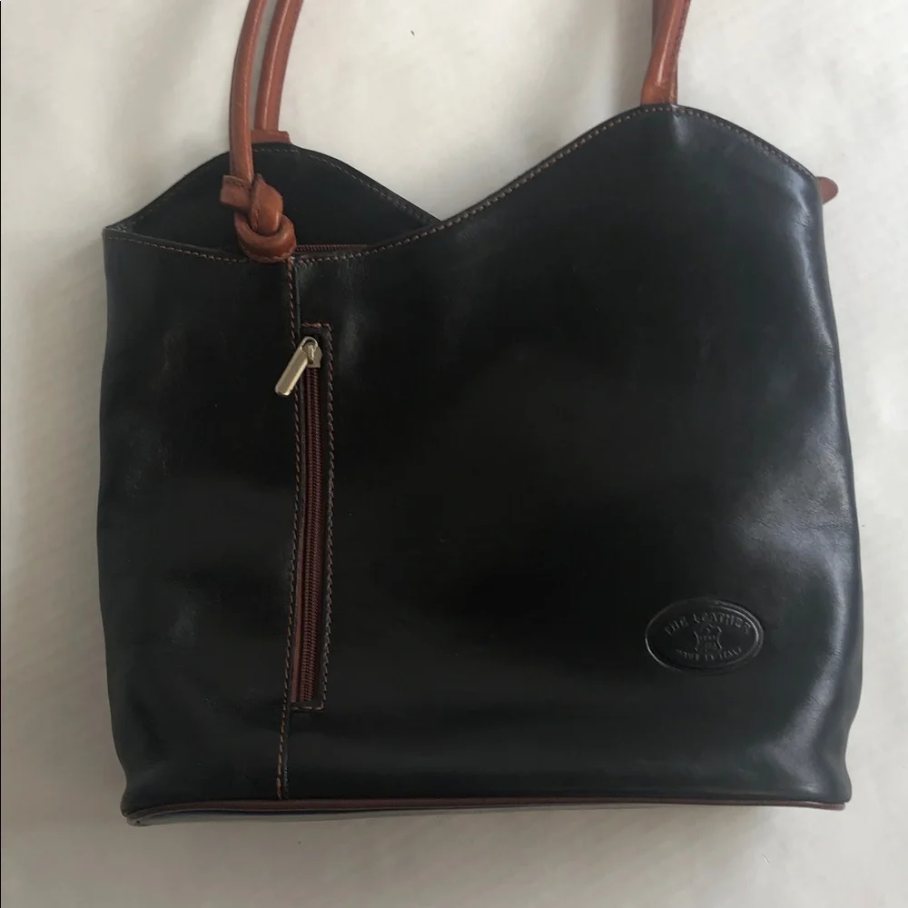 Vera Pelle Italian Leather Black/Brown Shoulder Backpack Bag